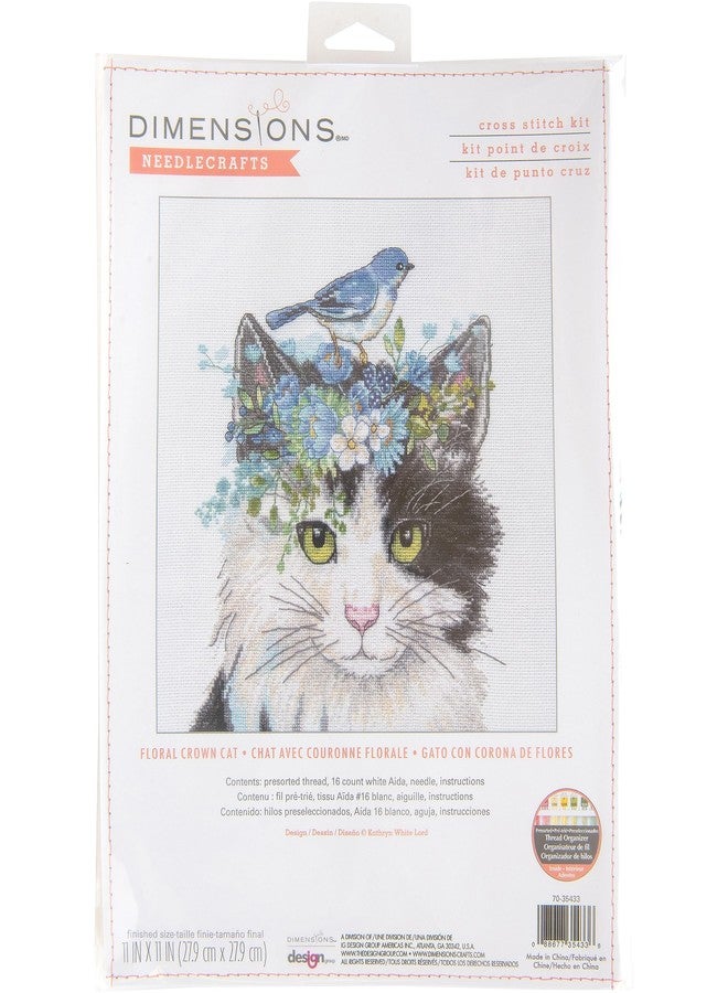 Dimensions Floral Crown Cat Counted Cross Stitch Kit, 11" x 11", 16 Cnt. White Aida 4 pcs - Image 1