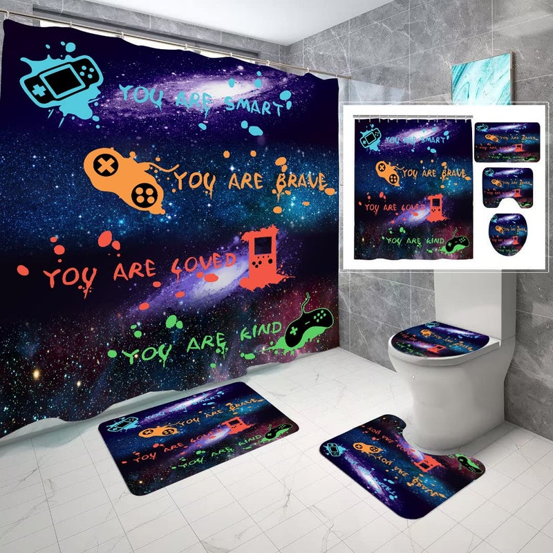ALEXEX 4 PCS Star Outer Space Kids Shower Curtain Sets,Boys Gaming Bathroom Set with Shower Curtain and Rugs and Accessories,Inspirational Quotes Shower Curtain Bathroom Decor with 12 Hooks,72 X 72 In - Image 4