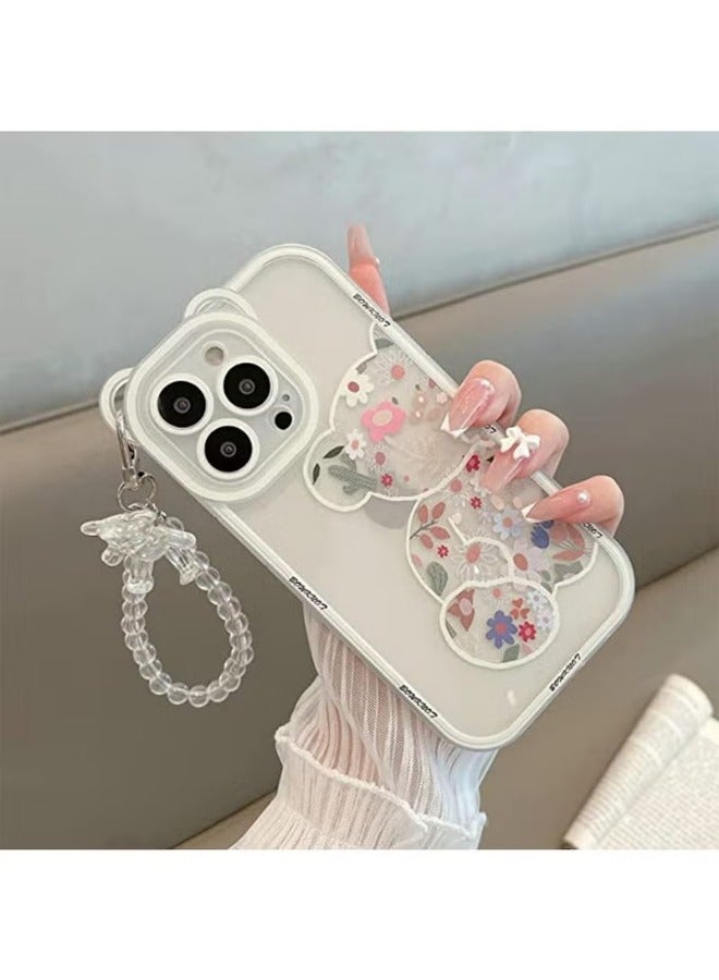 iPhone 13 Pro Max Mobile Case Cover Flowers Bear Camera Protector Clear Back Cover with Lovely Strap Bracelet Chain for Girls Women - Image 2