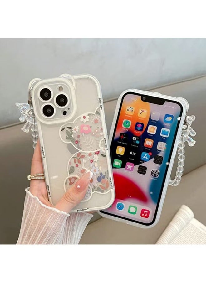 iPhone 13 Pro Max Mobile Case Cover Flowers Bear Camera Protector Clear Back Cover with Lovely Strap Bracelet Chain for Girls Women - Image 3