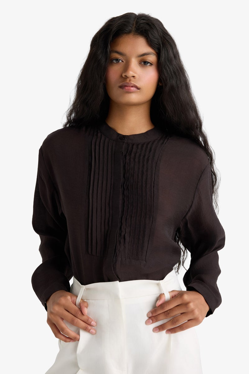 DeFacto Brown Woman Oversize Fit Grandad Collar Sensual Long Sleeve Shirt Casual - Image 1