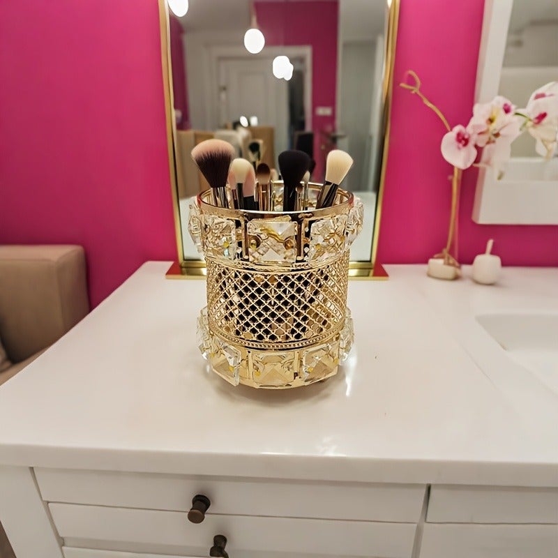 Elegant Crystal & Metal Makeup Brush Holder - Multipurpose Desk Organizer & Decorative Vase - Image 1