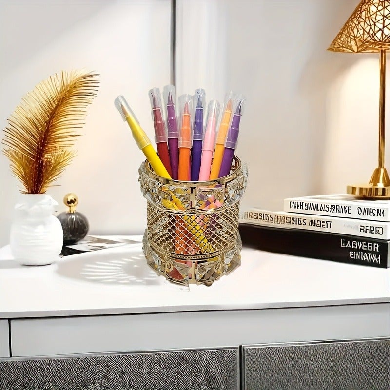 Elegant Crystal & Metal Makeup Brush Holder - Multipurpose Desk Organizer & Decorative Vase - Image 4
