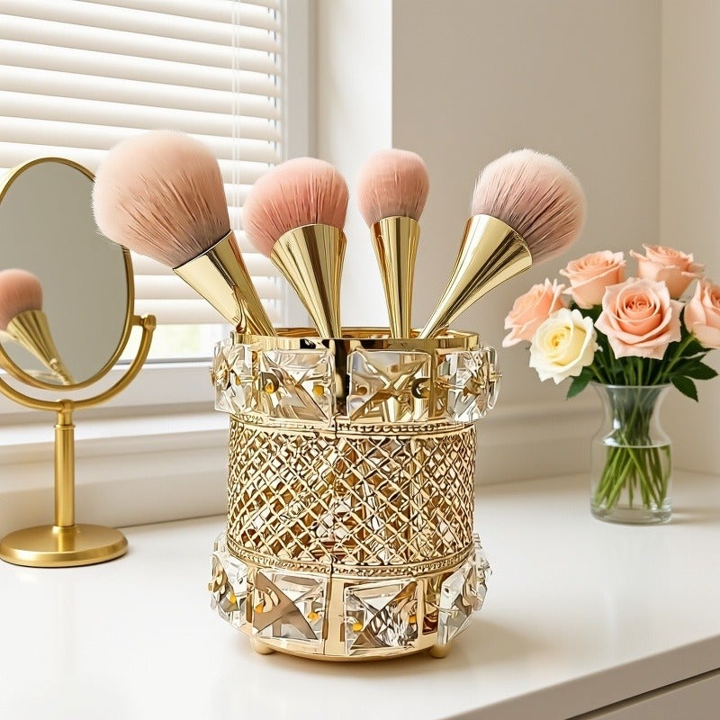 Elegant Crystal & Metal Makeup Brush Holder - Multipurpose Desk Organizer & Decorative Vase - Image 2