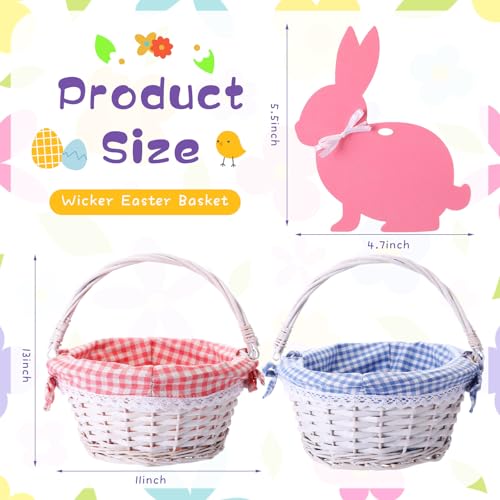 Weewooday 2 Pcs Wicker Easter Basket Tote Bags with 2 Name Tags Wooden Bunny Easter Basket with Handle with Removable Liner for Party SuppliesPink Blue - Image 3