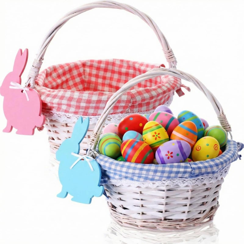 Weewooday 2 Pcs Wicker Easter Basket Tote Bags with 2 Name Tags Wooden Bunny Easter Basket with Handle with Removable Liner for Party SuppliesPink Blue - Image 2