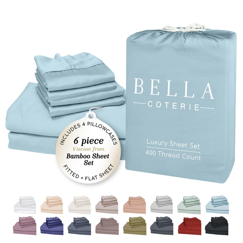 BC BELLA COTERIE Bella Coterie 6 Piece Luxury Bamboo Viscose Queen Size Sheet Set | 100% Organically Grown | Cooling for Hot Sleepers | 18" Deep Pocket | Soft & Hypoallergenic | 4 Pillowcases [Coastal Blue] - Image 1