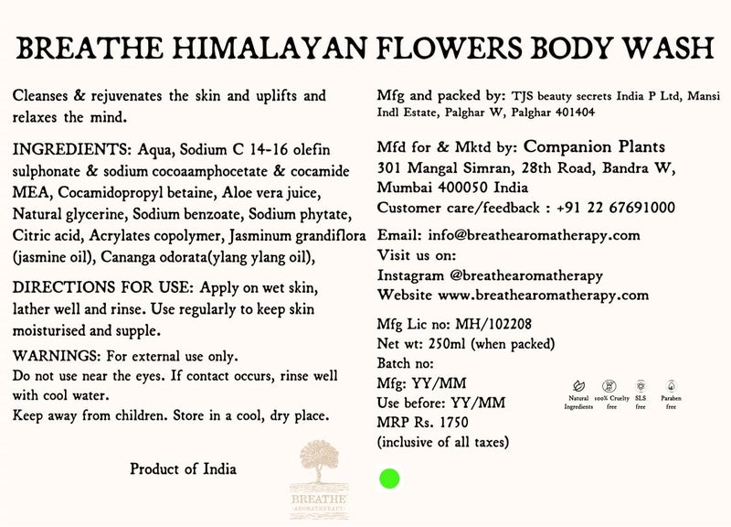 Breathe Aromatherapy Himalayan Flowers Body Wash  Indian Jasmine Ylang Ylang  Mogra  Suitable for all skin types  Beneficial for normal to dry skin and mature skin  Moisturises  soothes the skin  SLES FREE  250 ml - Image 3