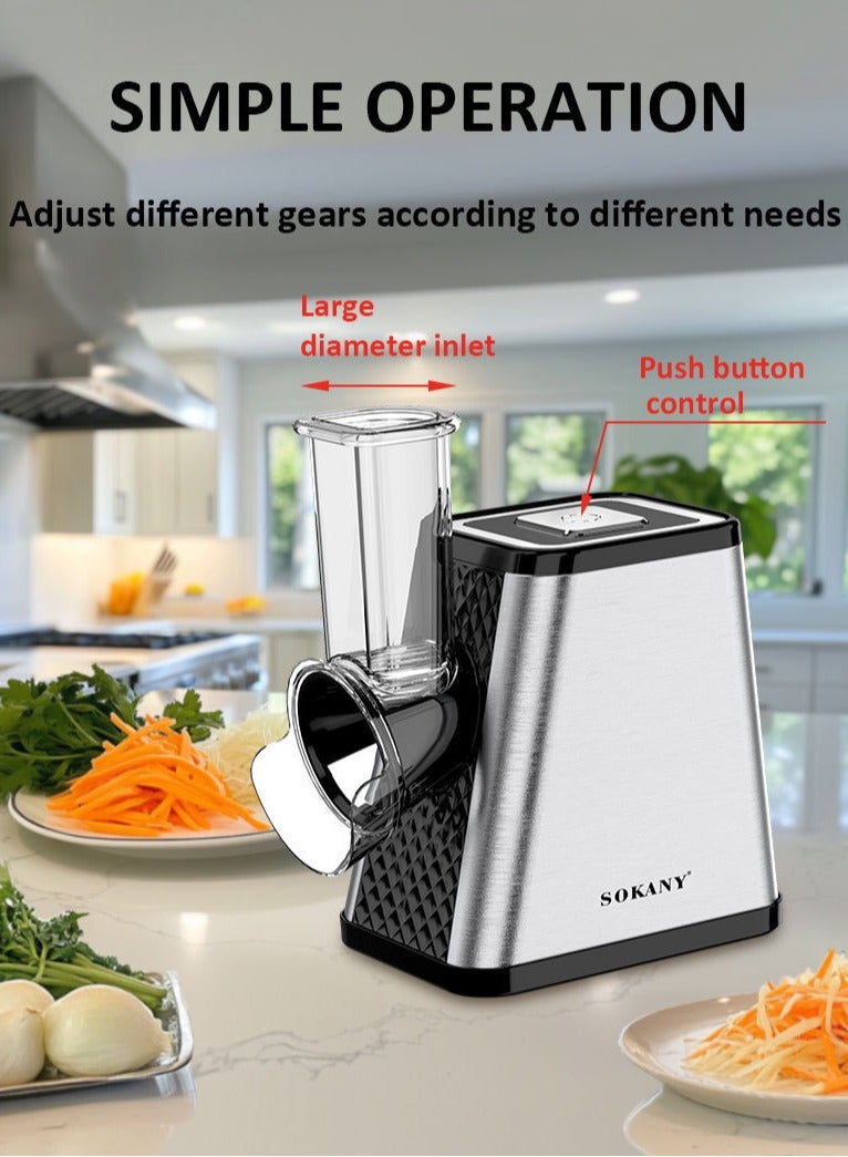 sokany Electric Cheese Grater, 800W Electric Slicer Chopper, Multi Grater, Fruit Cutter, Vegetable Slicer, Shredder, Food Processor with 5 Blades Set SK-06029 Black - Image 2