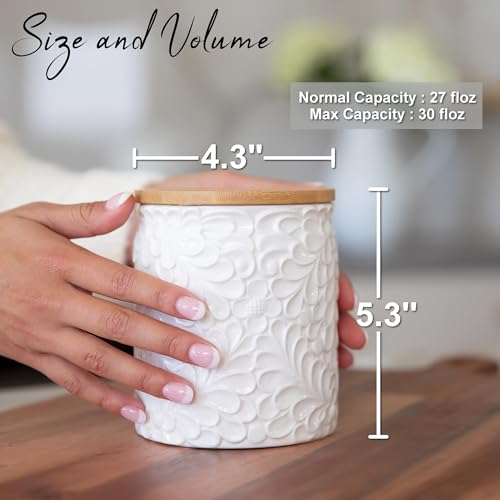 25DOL Small Engraved Ceramic Kitchen Canister - Storage Jars with Airtight Lids Made from Bamboo with Nature-Inspired Engraving - Use as a Pasta Holder, Coffee Ground Holder, Rice Container - 30 Ounces - Image 2
