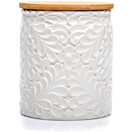 25DOL Small Engraved Ceramic Kitchen Canister - Storage Jars with Airtight Lids Made from Bamboo with Nature-Inspired Engraving - Use as a Pasta Holder, Coffee Ground Holder, Rice Container - 30 Ounces - Image 1