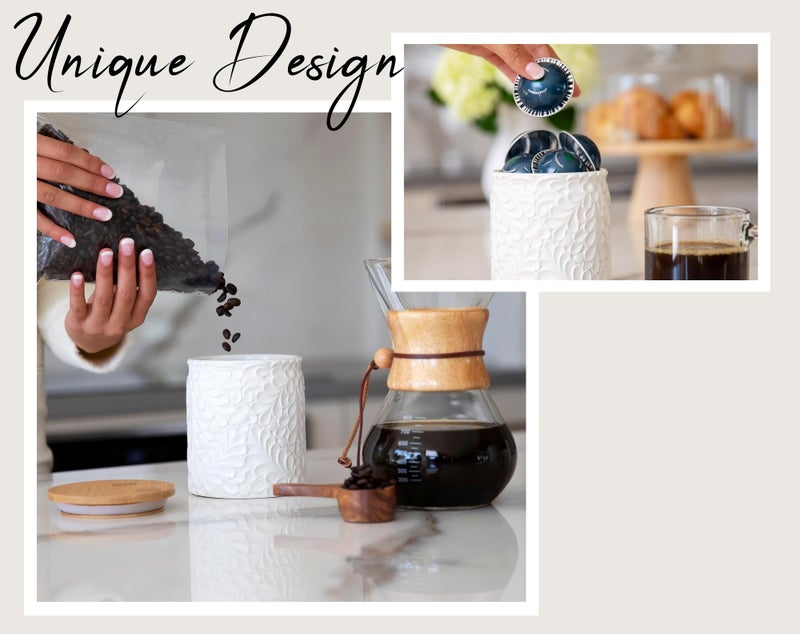 25DOL Small Engraved Ceramic Kitchen Canister - Storage Jars with Airtight Lids Made from Bamboo with Nature-Inspired Engraving - Use as a Pasta Holder, Coffee Ground Holder, Rice Container - 30 Ounces - Image 3