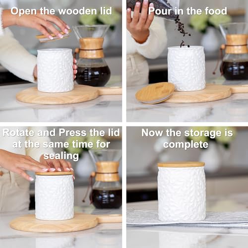 25DOL Small Engraved Ceramic Kitchen Canister - Storage Jars with Airtight Lids Made from Bamboo with Nature-Inspired Engraving - Use as a Pasta Holder, Coffee Ground Holder, Rice Container - 30 Ounces - Image 4