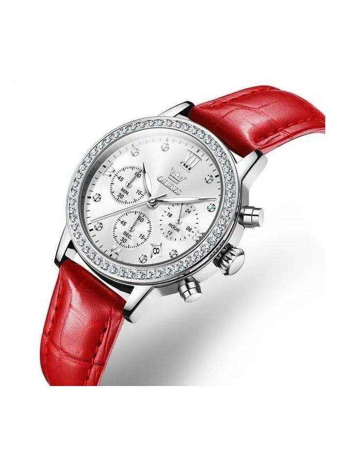 OLEVS ساعة كرونوغراف OLEVS للنساء بقرص فضي جميل مع حجر وحزام جلد حقيقي باللون الأحمر - Image 1