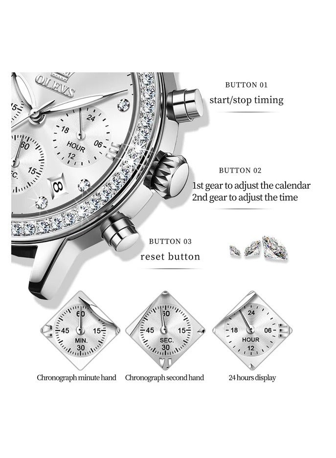 OLEVS ساعة كرونوغراف OLEVS للنساء بقرص فضي جميل مع حجر وحزام جلد حقيقي باللون الأحمر - Image 4