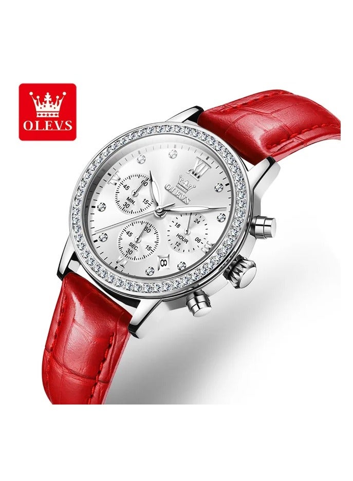 OLEVS ساعة كرونوغراف OLEVS للنساء بقرص فضي جميل مع حجر وحزام جلد حقيقي باللون الأحمر - Image 3