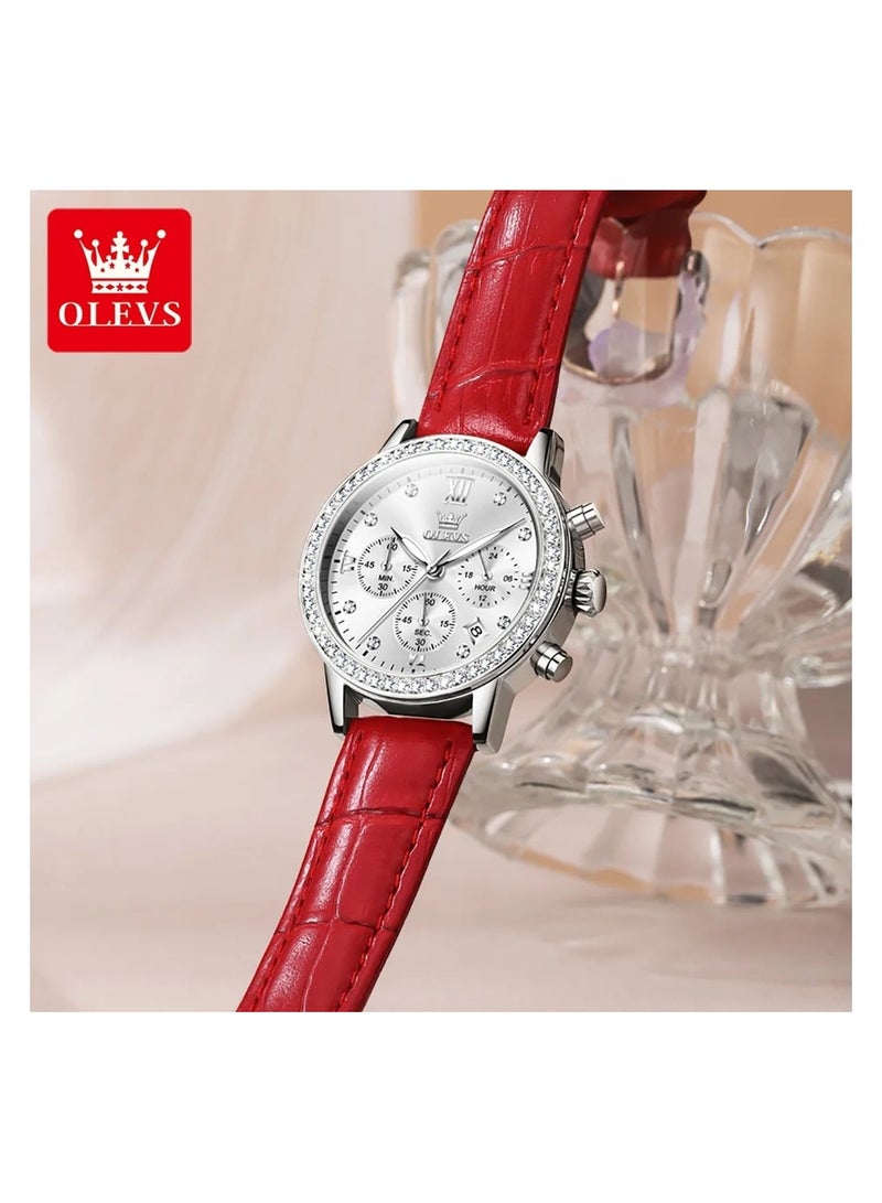 OLEVS ساعة كرونوغراف OLEVS للنساء بقرص فضي جميل مع حجر وحزام جلد حقيقي باللون الأحمر - Image 2