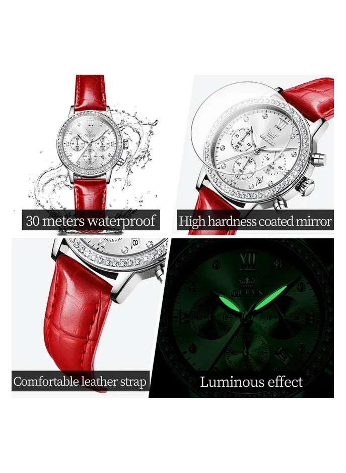 OLEVS ساعة كرونوغراف OLEVS للنساء بقرص فضي جميل مع حجر وحزام جلد حقيقي باللون الأحمر - Image 5