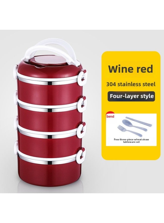 304 Insulated Lunch Box Barrel Office Workers Stainless Steel With Lid Lunch Box Microwave Oven Heating Lunch Box Student Women Wholesale-Specifications:Four Floors-Color:Heightened Burgundy Color (comes With Tableware + Food Grid + Thermal Bag)  - Image 1