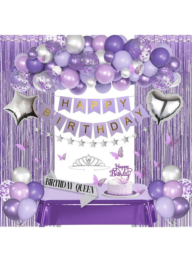 Amandir Purple Birthday Decorations for Women Girls, Lavender Purple Silver Foil Balloons Table Cloth Sash Crown Fringe Curtains Happy Birthday Banner Glitter Star Garland Butterfly Cake Topper Party Supplies - Image 1