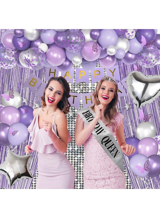 Amandir Purple Birthday Decorations for Women Girls, Lavender Purple Silver Foil Balloons Table Cloth Sash Crown Fringe Curtains Happy Birthday Banner Glitter Star Garland Butterfly Cake Topper Party Supplies - Image 5