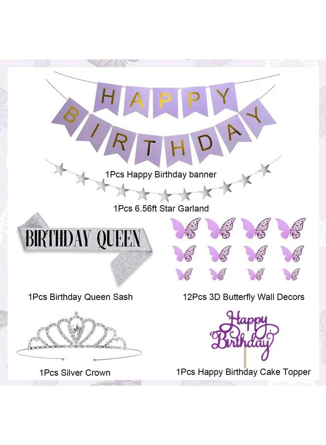 Amandir Purple Birthday Decorations for Women Girls, Lavender Purple Silver Foil Balloons Table Cloth Sash Crown Fringe Curtains Happy Birthday Banner Glitter Star Garland Butterfly Cake Topper Party Supplies - Image 3