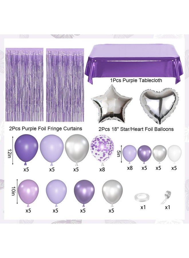 Amandir Purple Birthday Decorations for Women Girls, Lavender Purple Silver Foil Balloons Table Cloth Sash Crown Fringe Curtains Happy Birthday Banner Glitter Star Garland Butterfly Cake Topper Party Supplies - Image 2