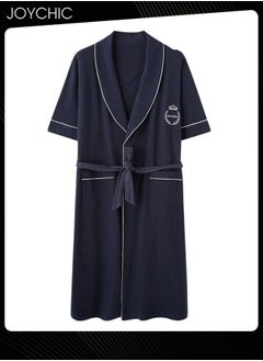 NIBEMINENT Japanese Style Men's Pure Cotton Pajamas Simple Leisure Male Short-sleeved All-in-one Loose Breathable Sleep Robe with Adjustbale Belt for Spring and Summer Autumn Dark Blue  - Image 1