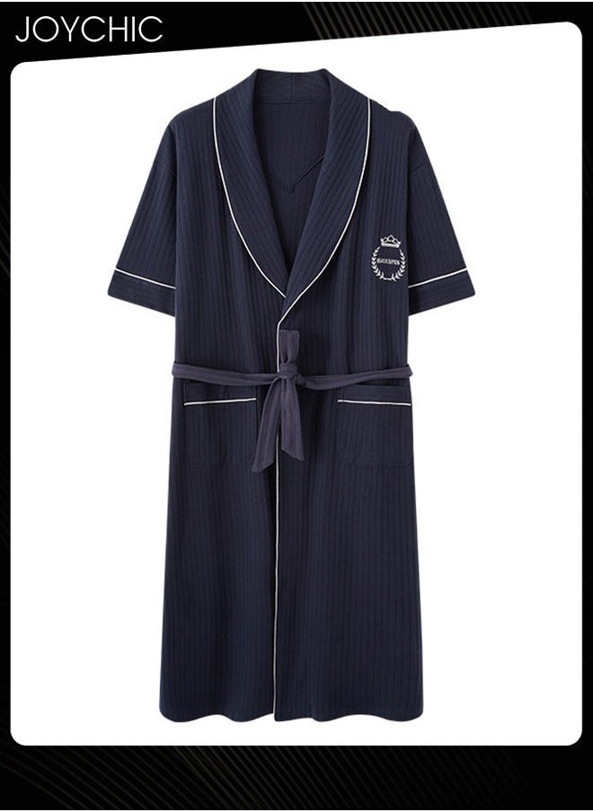 NIBEMINENT - Japanese Style Men's Pure Cotton Pajamas Simple Leisure Male Short-sleeved All-in-one Loose Breathable Sleep Robe with Adjustbale Belt for Spring and Summer Autumn Dark Blue - Image 1
