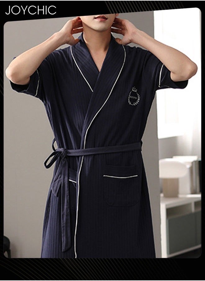 NIBEMINENT - Japanese Style Men's Pure Cotton Pajamas Simple Leisure Male Short-sleeved All-in-one Loose Breathable Sleep Robe with Adjustbale Belt for Spring and Summer Autumn Dark Blue - Image 1