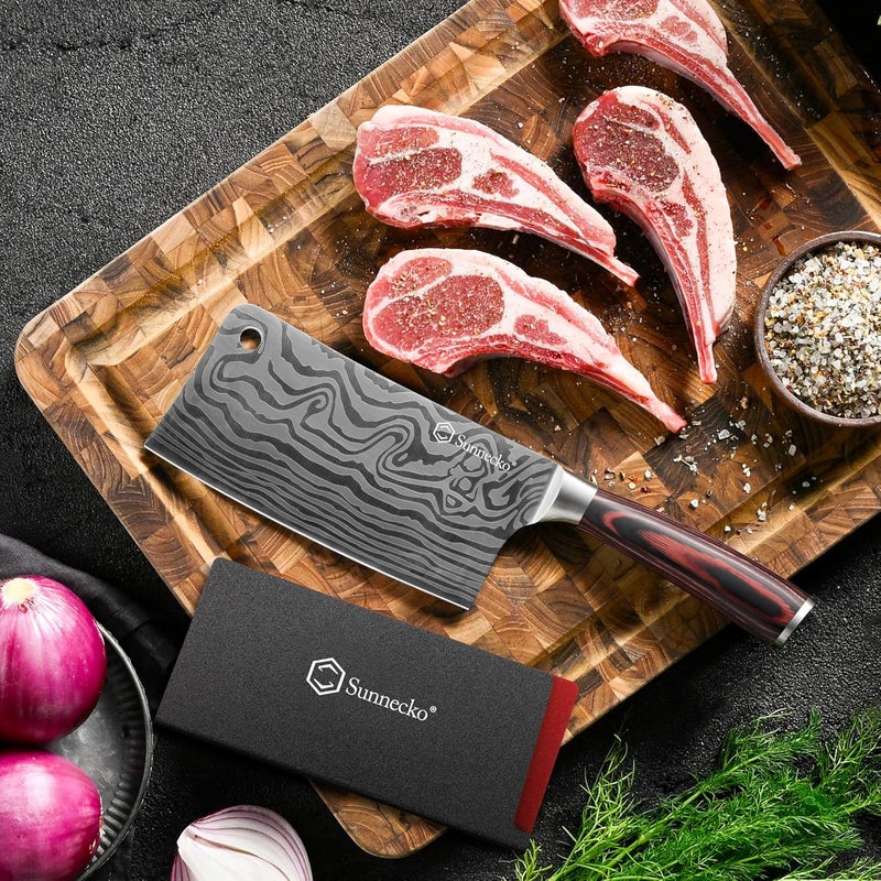 Sunnecko 7 Inch Cleaver Knife, High Carbon Stainless Steel Chinese Cleaver with Wooden Handle,Razor Sharp Meat Cleaver for Home and Kitchen - Image 2