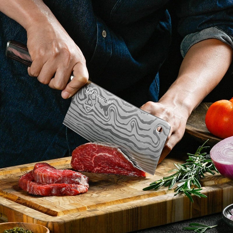 Sunnecko 7 Inch Cleaver Knife, High Carbon Stainless Steel Chinese Cleaver with Wooden Handle,Razor Sharp Meat Cleaver for Home and Kitchen - Image 3