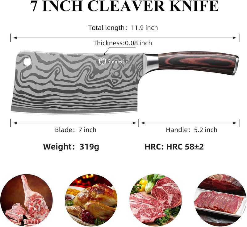 Sunnecko 7 Inch Cleaver Knife, High Carbon Stainless Steel Chinese Cleaver with Wooden Handle,Razor Sharp Meat Cleaver for Home and Kitchen - Image 5