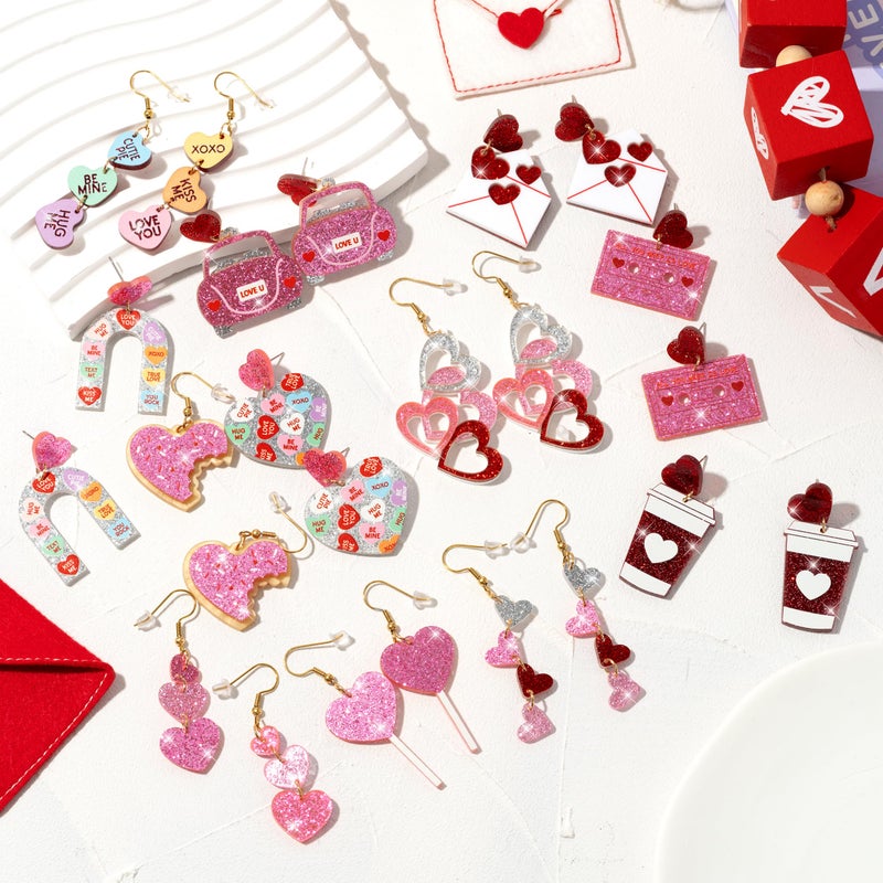Y1tvei Valentine's Day Glitter Earrings - 12 Pairs Cute Conversation Candy Heart Dangle Drop Acrylic Sparkly Stud Earrings Love Heart Shaped Ear Decor Jewelry Accessory Gifts for Holiday Party Wedding - Image 2