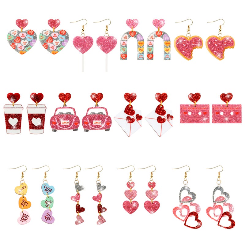 Y1tvei Valentine's Day Glitter Earrings - 12 Pairs Cute Conversation Candy Heart Dangle Drop Acrylic Sparkly Stud Earrings Love Heart Shaped Ear Decor Jewelry Accessory Gifts for Holiday Party Wedding - Image 1