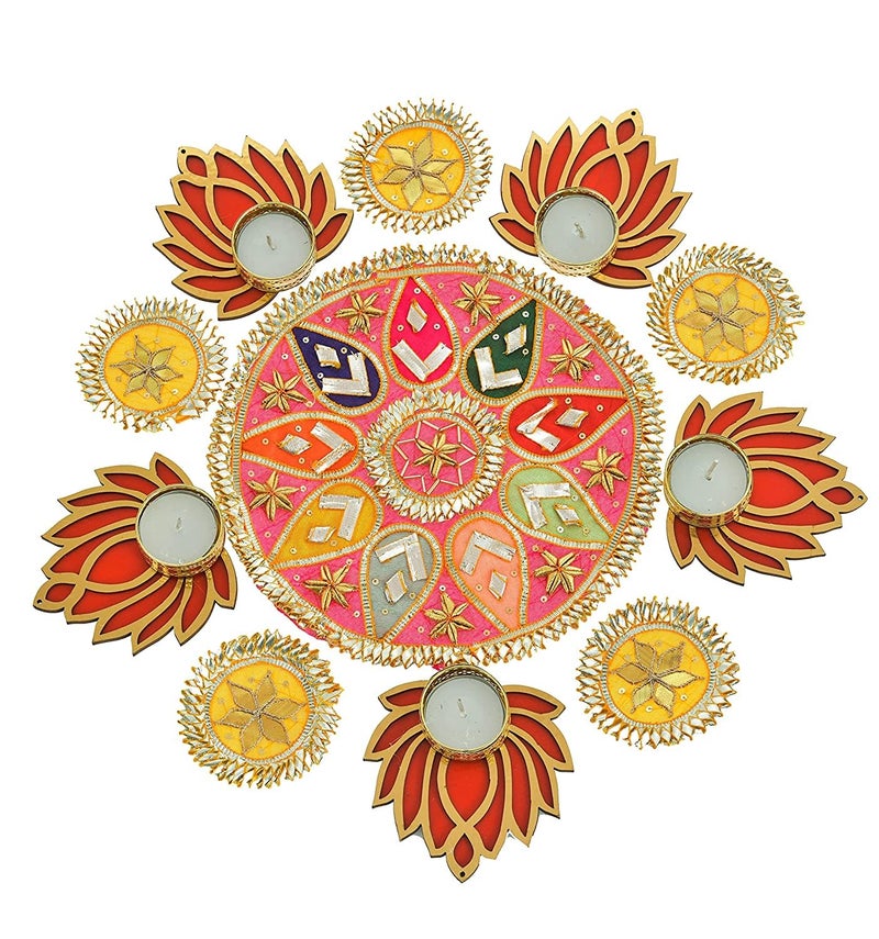 Urban Turtle Urban Turtle Handmade Red Lotus with Flower Ghota Diya Rangoli Set of 11 Piece Deepak Diyas Home Temple Decorations for Diwali Dusshera Wedding Pooja Festival New Year Gift 