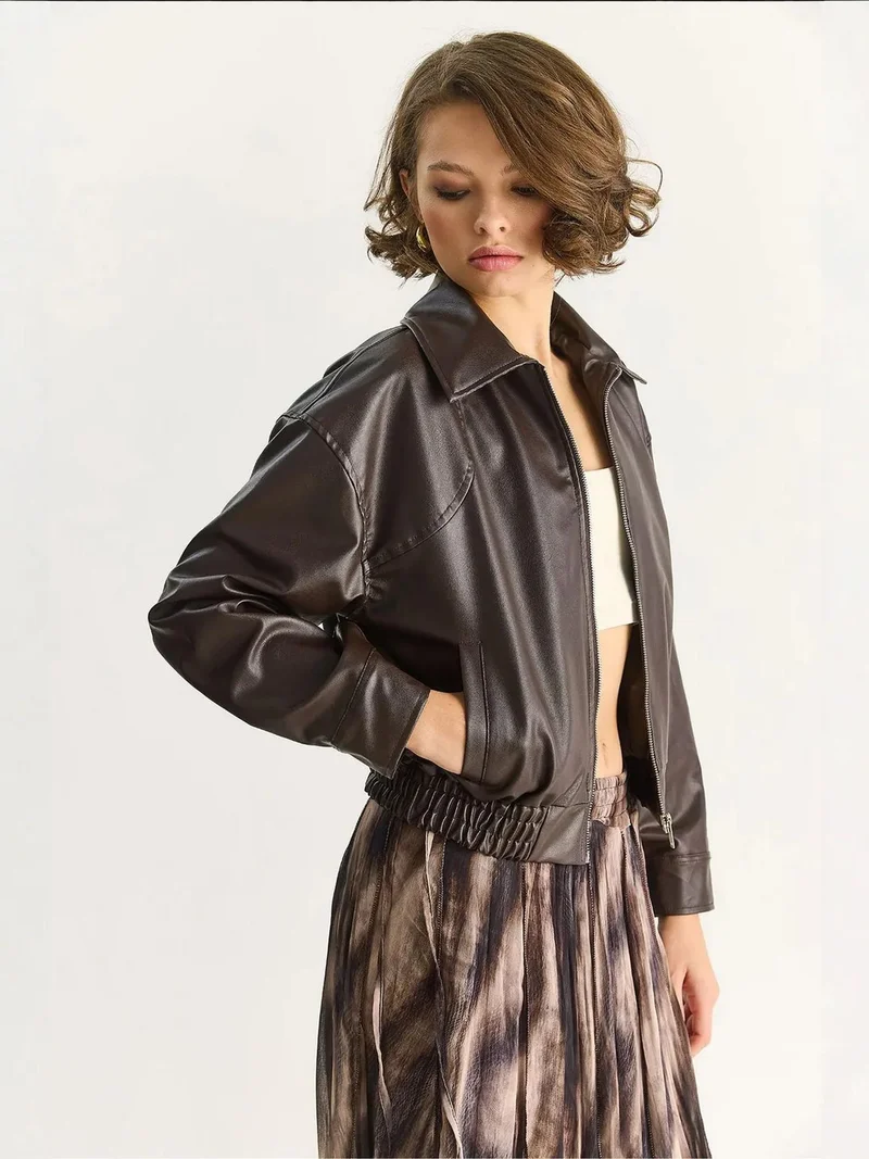 Bianco Lucci LUCCI Faux Leather Relaxed Fit Jacket with Zipper and Pockets