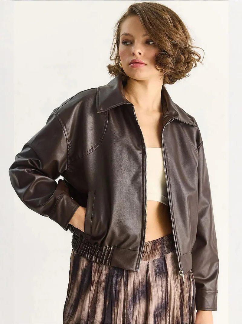 Bianco Lucci LUCCI Faux Leather Relaxed Fit Jacket with Zipper and Pockets