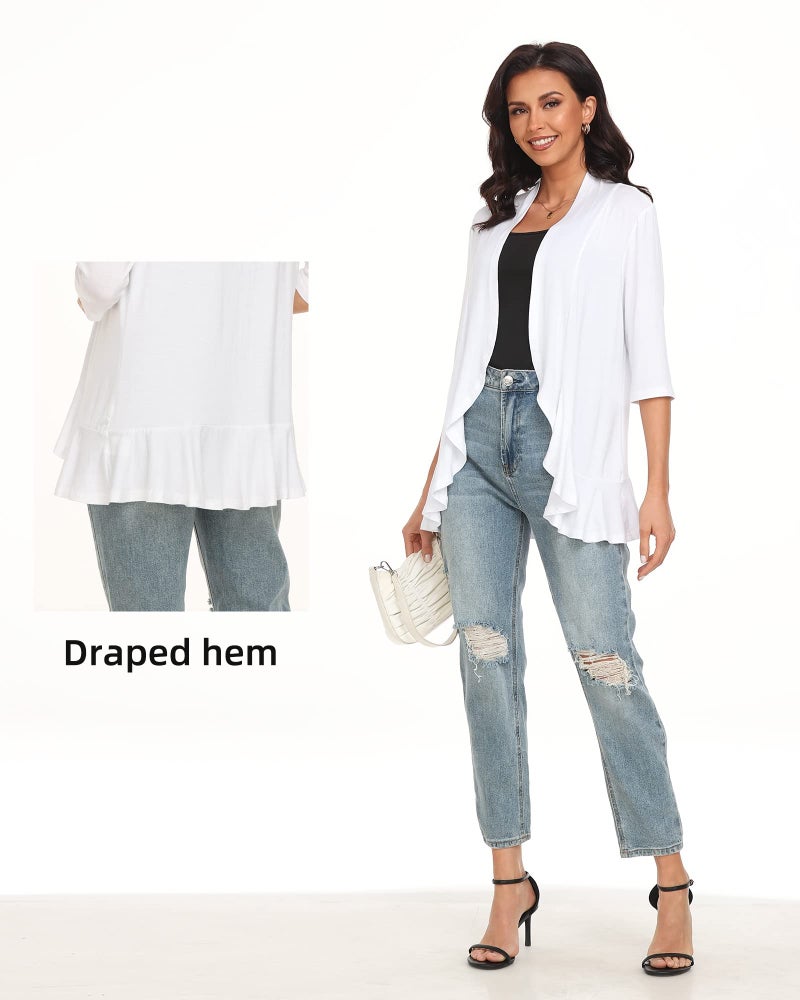 Argstar White Cardigan for Women, Lightweight Open Front Casual Soft Draped Ruffles 3/4 Sleeve XL - Image 5