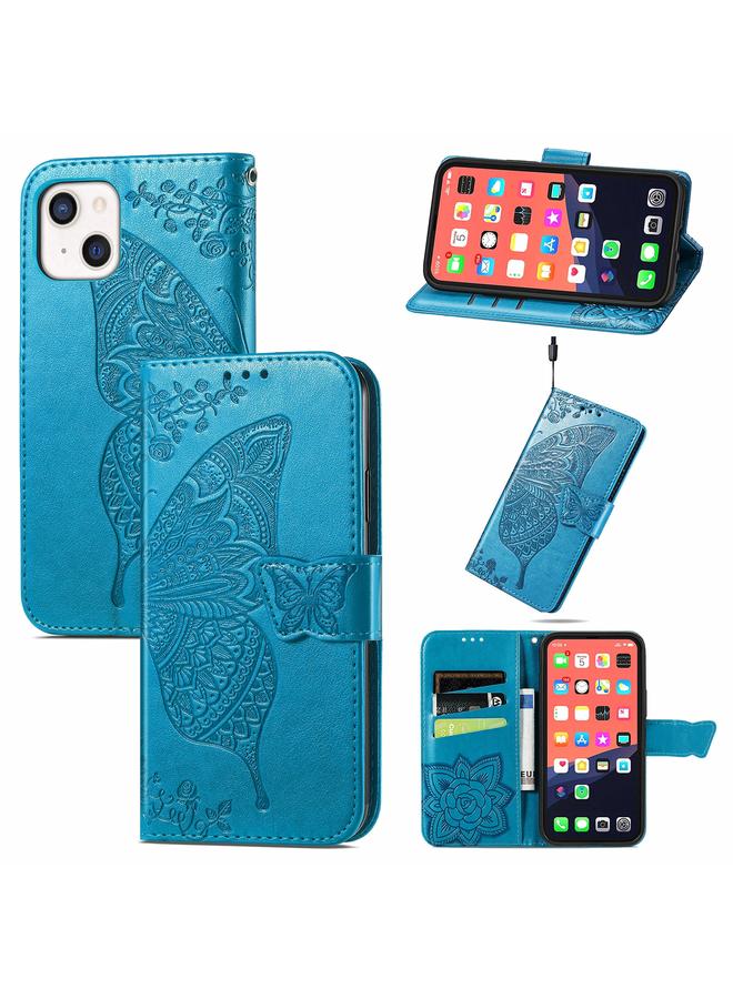 Zaboon Case For iPhone 13 Butterfly Love Flower Embossed Horizontal Flip Leather Case with Bracket / Card Slot / Wallet / Lanyard - Image 1
