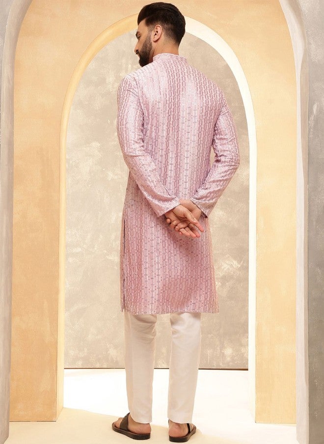 Sojanya قميص كورتا وردي مزخرف للرجال - Image 3