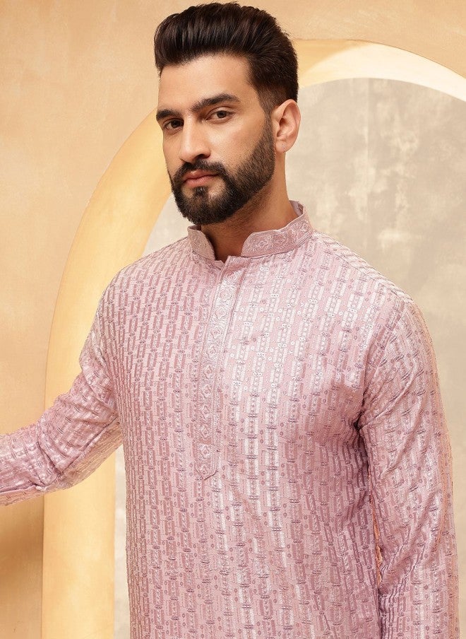 Sojanya قميص كورتا وردي مزخرف للرجال - Image 2