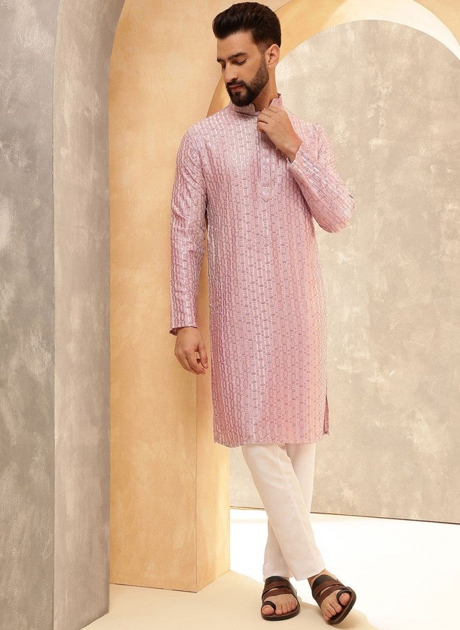 Sojanya قميص كورتا وردي مزخرف للرجال - Image 4