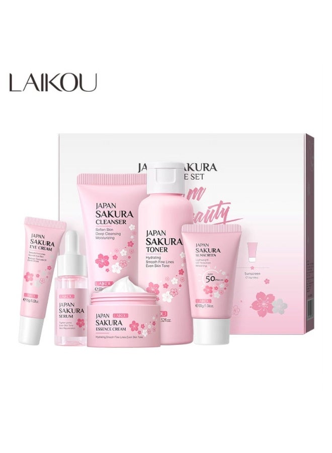 Laikou Laikou Japan Sakura Skincare Set 6PCS | Complete Facial Care Kit with Cleanser, Toner, Serum, Eye Cream, Essence Cream & Sunscreen | Hydrating, Brightening & Anti-Aging | For Day & Night Use  - Image 1