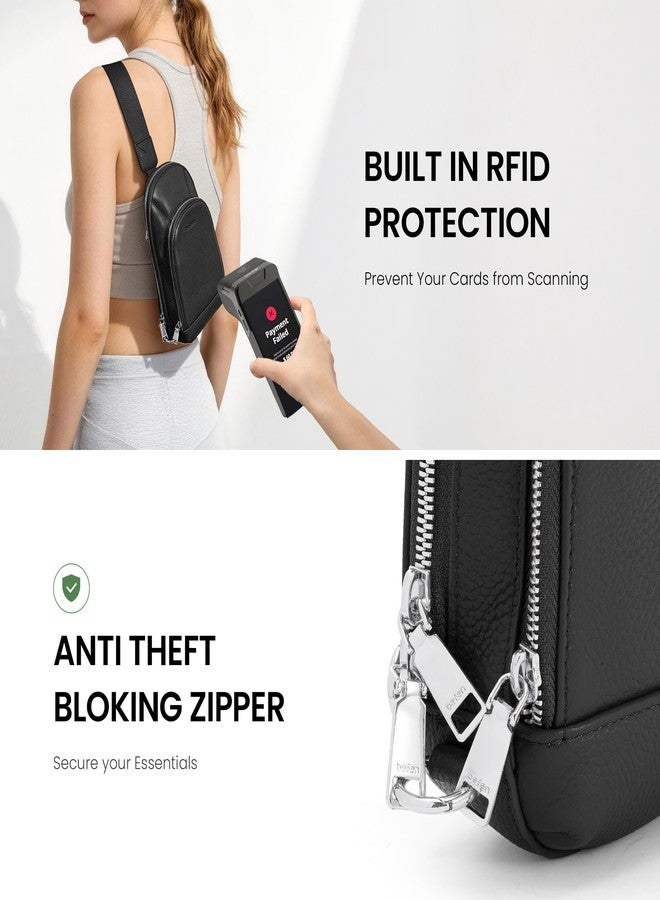 befen Anti Theft Genuine Leather Sling Bag for Women, Black Leather Crossbody Bags with RFID Blocking Card Slots, Fanny Packs Chest Bag with Adjustable Wipe Strap, Ladies Crossbody Purses for Travel - Image 3