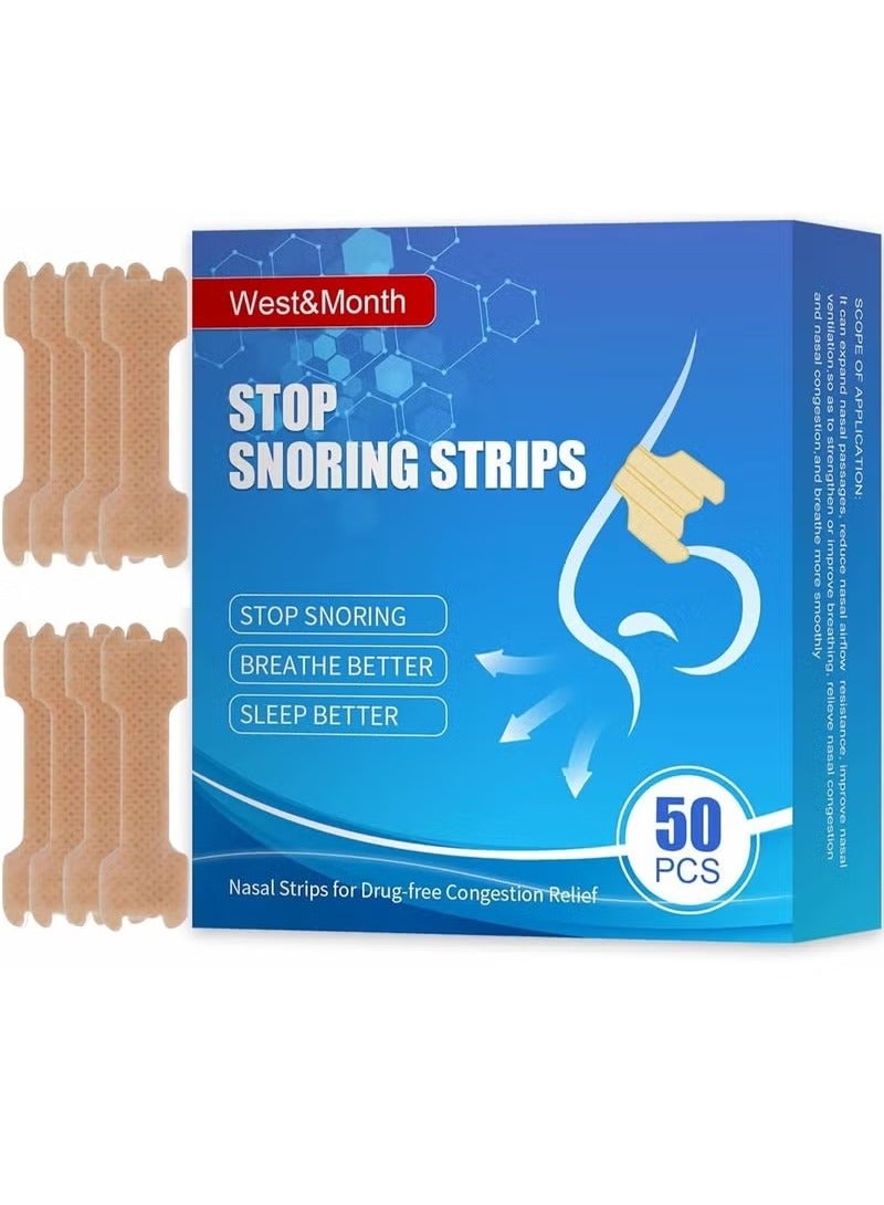 West&Month Nasal Strips for Snoring, Anti Snoring Strips, 50 Pcs Nose Strips for Breathing, Relieve Nasal Congestion, Improved Airflow, and Comfortable Fit Snore Strips, Extra Strength Anti Snoring Solution  - Image 1