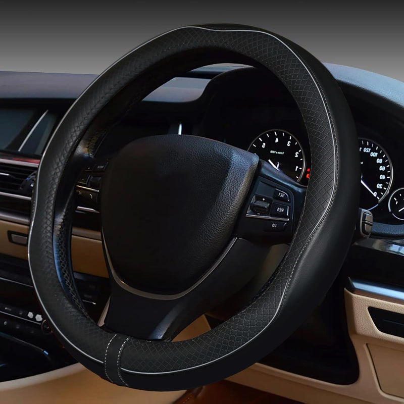 ESEWALAS Universal Car Steering Wheel CoverAntiSlip Leather Steering Wheel CoverSports Style Steering Wheel ProtectorCar Interior Accessories Auto Steering Wheel Covers Black with Gray