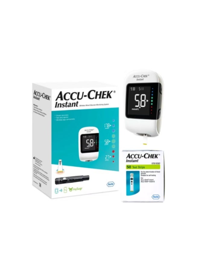 AccuChek مجموعة أكيو تشيك الفورية: جهاز قياس السكر + 50 شريط اختبار فوري + 10 شرائط اختبار فورية مجانية + قلم + 10 إبر وخز + بطارية + حقيبة حمل - Image 1
