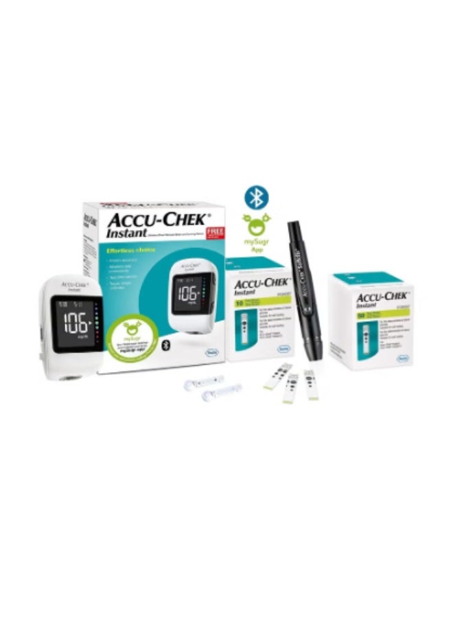 AccuChek مجموعة أكيو تشيك الفورية: جهاز قياس السكر + 50 شريط اختبار فوري + 10 شرائط اختبار فورية مجانية + قلم + 10 إبر وخز + بطارية + حقيبة حمل - Image 2