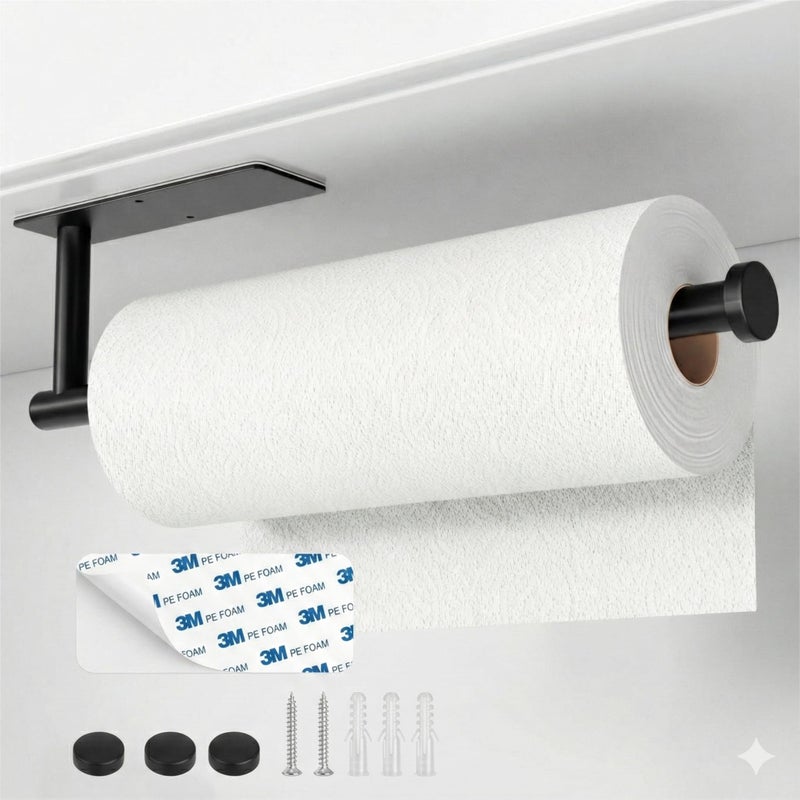 Kitchen Tissue Roll Holder 304 Stainless Steel Rustproof Self Adhesive or Screws Mounted Towel Hanger for Wall or Under Cabinet (Black) - Image 1